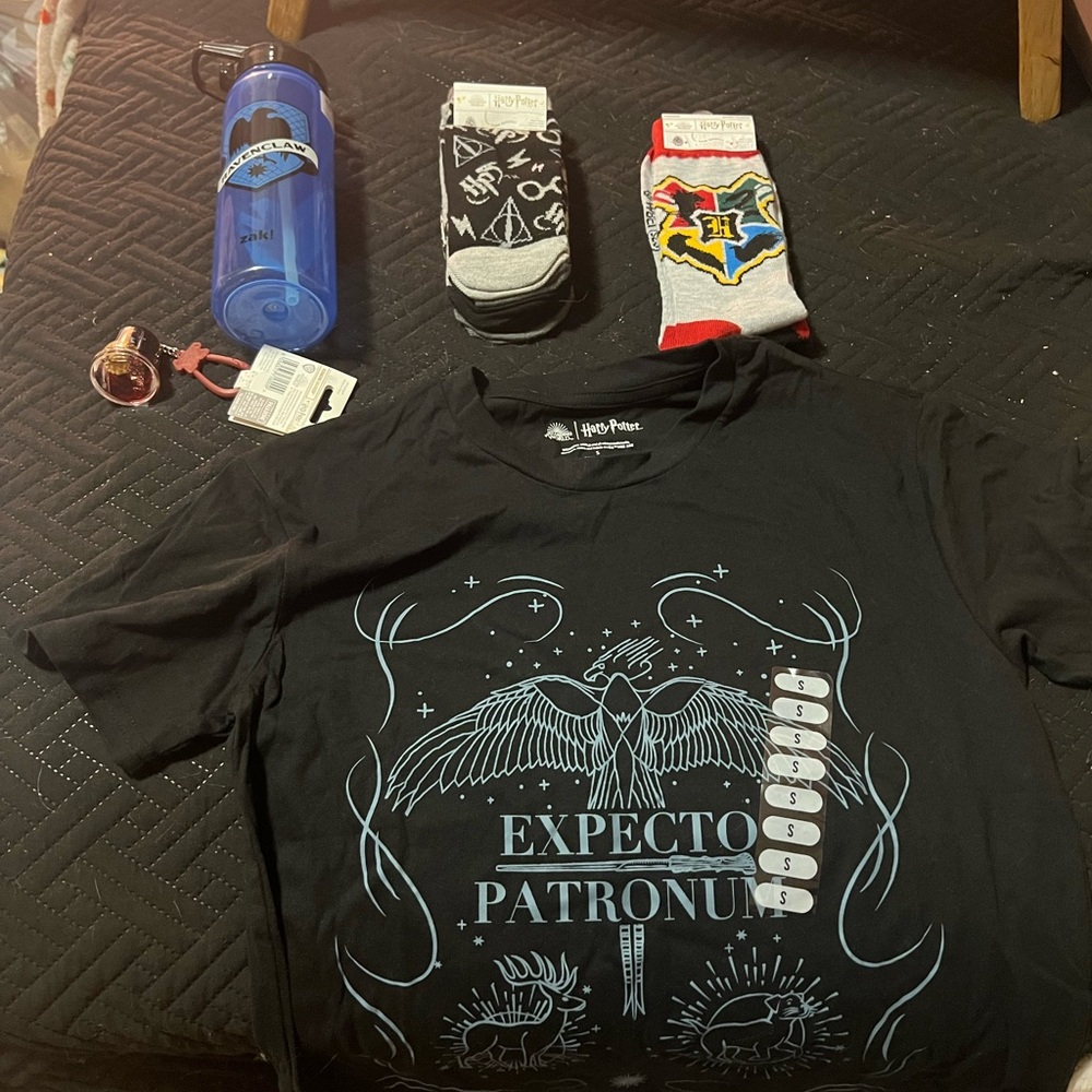 Harry Potter Socks, Shirt, Waterbottle, and Keychain